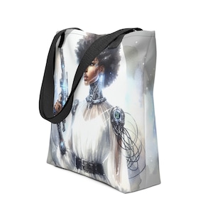 Futuristische Pistole Afro-Futuristische Cyborg-Einkaufstasche | Ästhetische Tasche mit Melanin-Königin mit SciFi-Illustrationen für schwarze Frauen in Tech-Geschenk