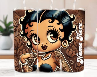 Vintage Earth Tone Black Betty Boop Personalized 20 oz Tumbler | Black Betty Boop Skinny Tumbler | Black Betty Boop Drinkware Gift for Her