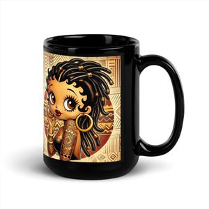 Cute African American Black Boop Like Character with Locs on Black Glossy Mug | Unique Boop Mug Gift with African Motif  HANDWASH ONLY