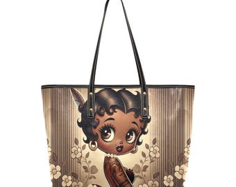 Melanin Queen Betty Boop Vintage Earth Tone Brown  Leather Tote Bag | Black Betty Boop Gifts