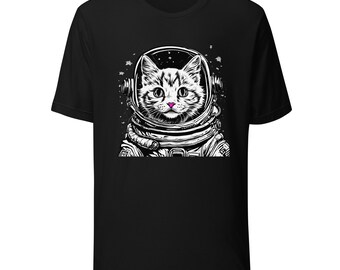 May include: Black t-shirt with a graphic of a cat wearing an astronaut helmet. The cat has white fur and a pink nose.