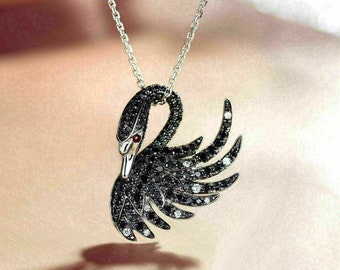 Dazzling Swan Necklace, 2.5Ct Black Diamond, 14K White Gold Necklace, Engagement Gold Necklace, Party Wear Necklace For Girls, With Chain