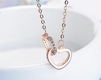 Love Heart Engagement Pendant, 14K Rose Gold Plated, 1.36 Ct Diamond, Wedding Women's Pendant, Present For Girlfriend, With Chain Pendant