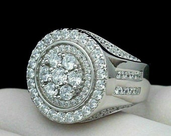 Men's Hip Hop Ring, Men's Cluster Ring, Engagement Promise Men's Ring, Gift For Father, Men's Wedding Ring, Silver Ring, 14K White Gold Ring