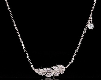 Diamond Necklace, 925 Sterling Silver, 1 Ct Diamond, Engagement Elegant Necklace, Wedding Leafy Necklace, Girls Pendant, With Chain Pendant