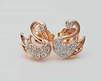 Swan Stud Earrings, 14K Yellow Gold Plated, 1.8 Ct Round Diamond, Engagement Duck Earrings, Teenage Girls Earrings, Handmade Jewelry For Her