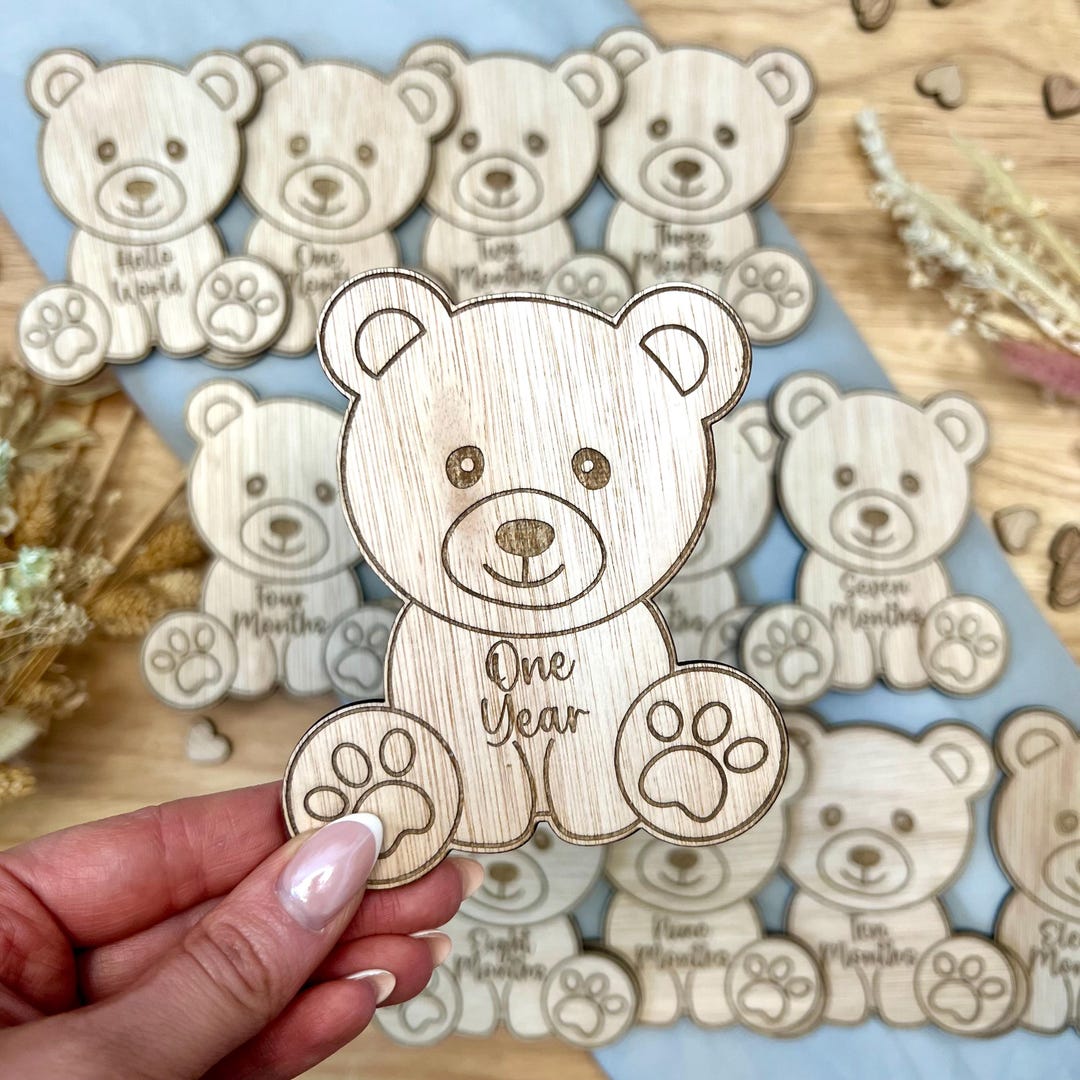Baby Teddy Milestone Wooden Disks - Hello World to One Year | Newborn ...