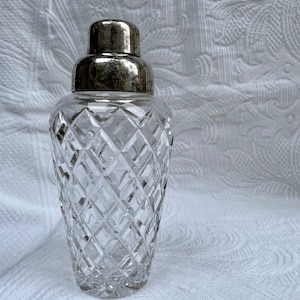 vintage crystal shaker mid century glassware crystal art deco cocktail shaker diamond crystal art deco shaker silver brass top