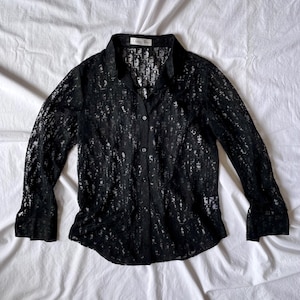 Vintage Dior Blouse Silk Black Shirt 90s Dior Blouse Transparent Vintage Evening Top Dior Sheer Silk Blouse Word Pattern 90s Vintage Fashion
