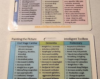 May include: Two white cards with medical information. The top card lists symptoms for liver disease, neurological issues, and cancer. The bottom card details end-stage cardiac, dementia, and pulmonary symptoms. Text includes "Intelligent Toolbox."