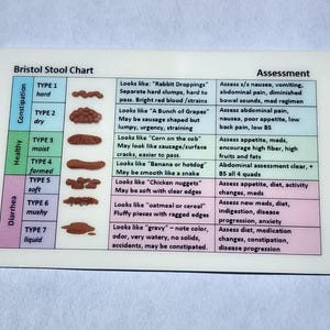 May include: A Bristol Stool Chart with descriptions of stool types, ranging from hard clumps to liquid, and corresponding assessments. The chart is designed to help assess bowel health and identify potential issues.