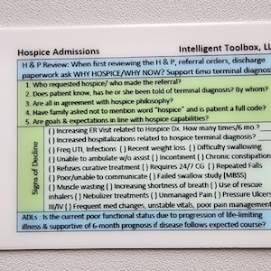 May include: A white rectangular card titled Hospice Admissions by Intelligent Toolbox, LL. The card features a blue header with H & P review questions, a green section listing five referral questions, and a section titled Signs of Decline.