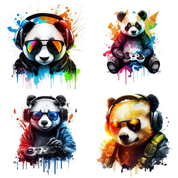 Panda 4x Fichier PNG - Fichier PNG - Téléchargement numérique - Sublimation - Gaming Panda DJ - Colorful Music Gamepad Gaming Panda