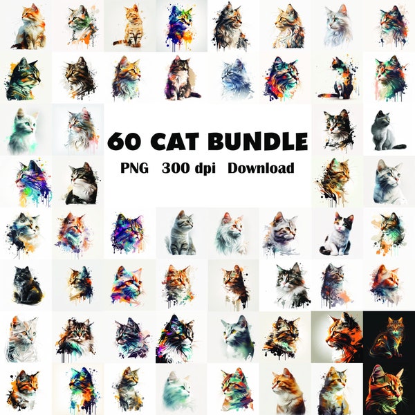 Katzen 60 PNG Dateien - Bundle-Set - PNG File - Digitaler Download - Sublimation - Katze - Katzenkopf - Kitten - Kleines Kätzchen