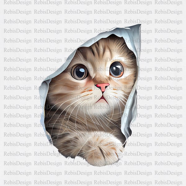 Katzen Design - PNG Datei - PNG File - Digitaler Download - Sublimation - Katzenkopf - Kitten - Kleines Kätzchen - Katze kommt aus T-Shirt