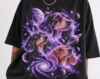 Comfort Colors Dachshund Shirt, Cosmic Wiener Dog Tee, Retro Space Dachshund Graphic Shirt, Galaxy Dog Tee, Purple Celestial Dog Shirt