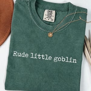 Op de afbeelding: Een donkergroen t-shirt met korte mouwen, een ronde hals en een vintage-gewassen afwerking. Het shirt heeft de witte tekst "Rude little goblin" op de borst gedrukt. Een goudkleurige ketting met een kleine ronde hanger ligt op de kraag.