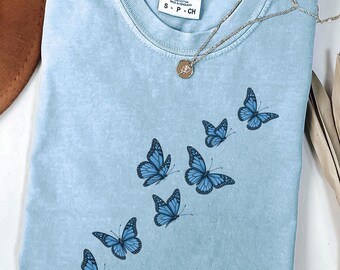 Comfort Colors Monarch Blue Butterfly Shirt, Vintage Insect Tee, Minimalist Nature Shirt, Cottagecore Bug Butterfly Tee, Boho Graphic Shirt