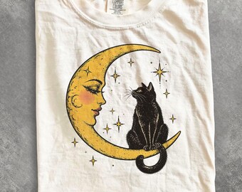 Comfort Colors Black Cat Moon Shirt, Vintage Celestial Cat Tee, Crescent Moon Graphic Shirt, Witchy Cat Shirt, Mystical Cat Lover Gift