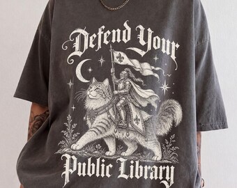 Comfort Colors Defend Your Public Library Shirt, Knight Riding Cat Tee, Medieval Cat Shirt, Book Lover Graphic Tee, Gothic Library Shirt