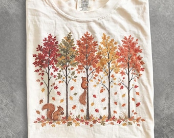 Comfort Colors Fall Squirrel Shirt, Autumn Leaves Forest Tee, Vintage Woodland Shirt, Fall Trees Graphic Tee, Cottagecore Nature Shirt