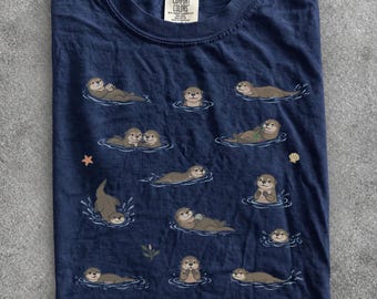 Comfort Colors Swimming Otters T-Shirt, Sea Otter Graphic Tee, Otter Lover Shirt, Cute Kawaii Whimsical Animal Gift