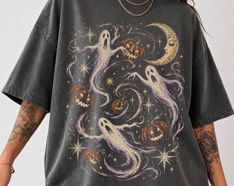Comfort Colors Halloween Ghost Shirt, Vintage Ghost and Pumpkin Tee, Celestial Spooky Shirt, Retro Halloween Graphic Tee, Witchy Ghost Shirt