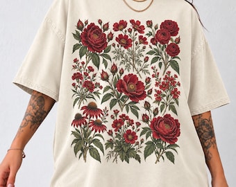 Comfort Colors Red Rose Floral Shirt, Vintage Garden Tee, Botanical Flower Shirt, Cottagecore Tee, Wildflower Shirt, Garden Lover Gift