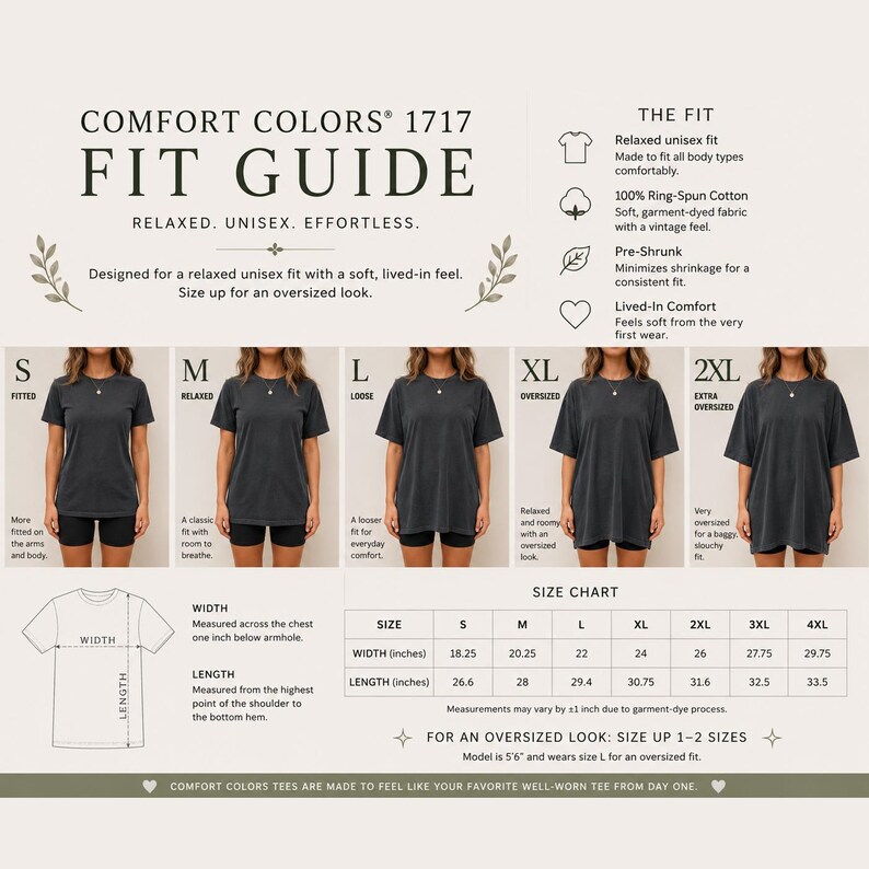 May include: A Comfort Colors 1717 fit guide infographic displaying a size chart with widths and lengths in inches for sizes S through 4XL. It features five images of a person wearing a dark gray t-shirt in sizes S, M, L, XL, and 2XL.