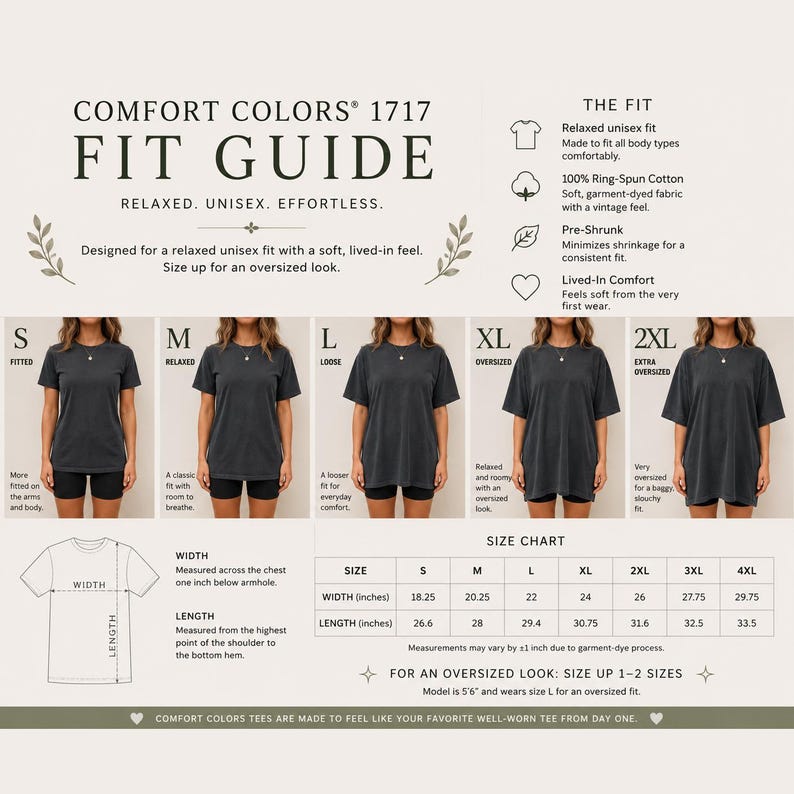 May include: A Comfort Colors 1717 fit guide infographic displaying a size chart with widths and lengths in inches for sizes S through 4XL. It features five images of a person wearing a dark gray t-shirt in sizes S, M, L, XL, and 2XL.