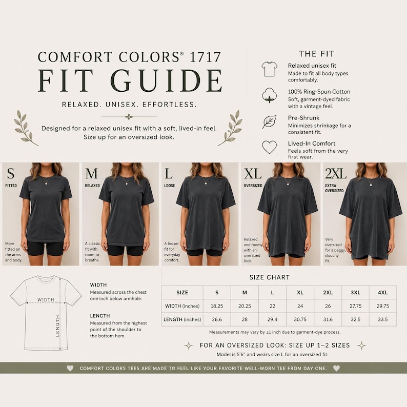 May include: A Comfort Colors 1717 fit guide infographic featuring a size chart with widths and lengths in inches, descriptions of relaxed, loose, and oversized fits, and five images of a person wearing a dark gray t-shirt in sizes S through 2XL.