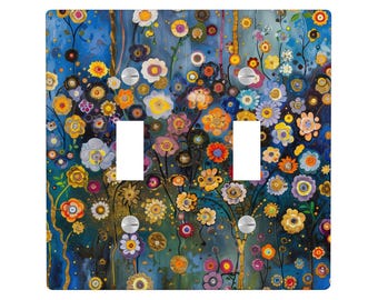 Gustav Klimt Inspired Light Switch Cover, Decorative Painting Unique Blue Garden Wildflower Outlet Covers, Light Switch Plate