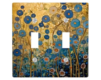 Gustav Klimt inspirierte Lichtschalterabdeckung, Dekorative Malerei Einzigartige Blaue Wildblumensteckdose, Lichtschalterplatte