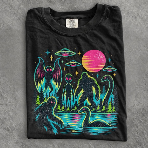 Comfort Colors Cryptid Shirt, Neon Bigfoot Mothman Alien Graphic Tee, Retro Paranormal Shirt, UFO Cryptid T-Shirt, Weirdcore Monster Tee