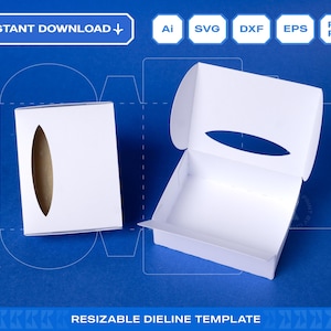May include: Two white die-cut box templates, one assembled and one flat. Each box has an oval opening. Text includes "INSTANT DOWNLOAD" and file type icons. The background is blue with a blueprint design. Text at the bottom reads "RESIZABLE DIELINE TEMPLATE."