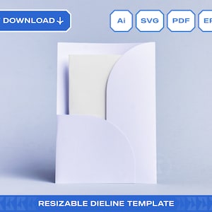 Może przedstawiać: Biała koperta z zaokrągloną klapką i białą kartką w środku. Koperta stoi na jasnoniebieskim tle. Tekst "RESIZABLE DIELINE TEMPLATE" znajduje się na dole obrazu.