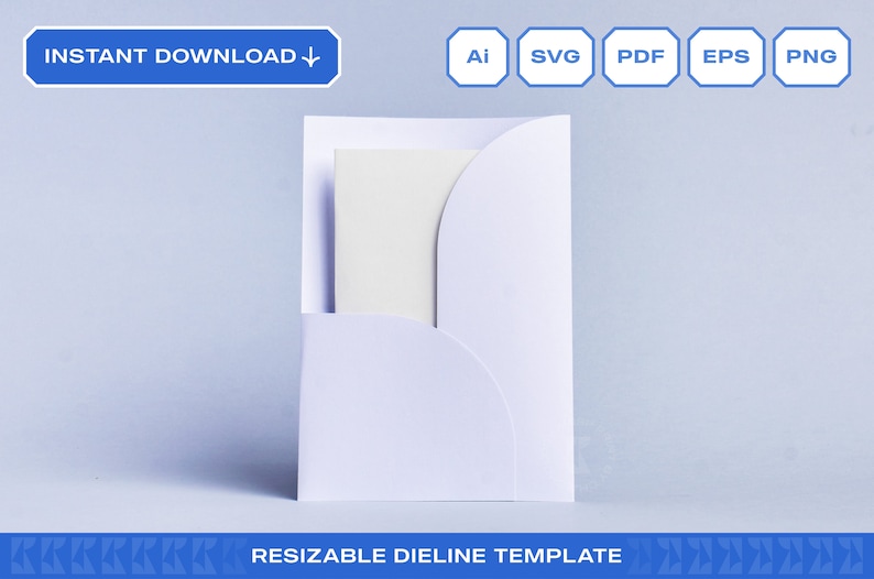 Może przedstawiać: Biała koperta z zaokrągloną klapką i białą kartką w środku. Koperta stoi na jasnoniebieskim tle. Tekst "RESIZABLE DIELINE TEMPLATE" znajduje się na dole obrazu.