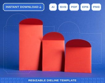 May include: Three red envelopes of different sizes on a blue background. The envelopes have rounded tops and are made of paper. The image includes the text "INSTANT DOWNLOAD" and "RESIZABLE DIELINE TEMPLATE".