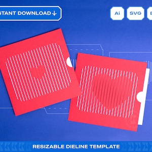 Puede incluir: Dos tarjetas cuadradas rojas con líneas blancas verticales que forman un corazón, sobre un fondo azul. El texto incluye "DESCARGA INSTANTÁNEA" y "PLANTILLA DE LÍNEA DE CORTE REDIMENSIONABLE". Iconos de Ai, SVG y EPS presentes.