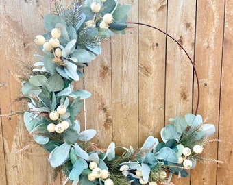 Modern Eucalyptus Fern Hoop Wreath, Earth Tone Wreath, Neutral Berry Wreath, Summer to Fall Home Decor