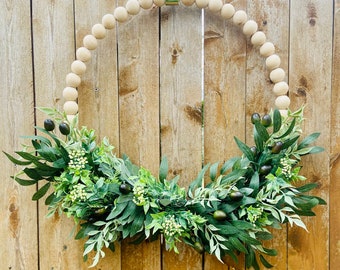 Olive Branch Wreath, Modern Farmhouse Decor, Year Round Greenery Wreath, Simple Home Decor, New House Gift, Wedding Gift, Wood Bead Wreath