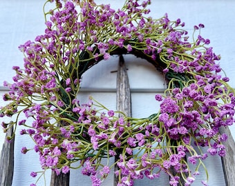 Mini Purple Gypsophila Wreath, Wildflower Home Accent or Wall Decor , Small Baby’s Breath Table Decor, Mini Spring Candle Wreath,