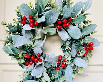 Mini Christmas Boxwood Lamb's Ear Berry Wreath, Small Christmas Holiday Candle Wreath, 12 Inch Wreath with Red Berries, Gift for Home