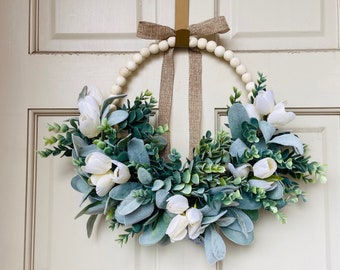 Modern Spring Wood Bead Hoop Wreath, Ivory Tulips, Lamb's Ear and Eucalyptus, Farmhouse Wreath, Wooden Bead Accent Wreath for Door or Wall