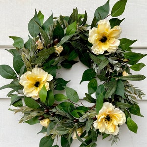 Neutral Spring Summer Wreath for Door, Pale Yellow Anemones, Olive Branches, Italian Ruscus, Modern Home Accent or Wall Decor, Mom Gift