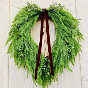 Cascading Norfolk Pine and Juniper Berry Christmas Front Door Wreath, Draping Teardrop Winter Wreath with Gold Bells and Brown Velvet Bow