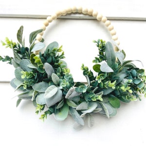 Natural Wood Bead Hoop Wreath, Lamb's Ear Eucalyptus, Everyday Farmhouse or Cottage Style Greenery Wreath, Simple Neutral Wall Hanging