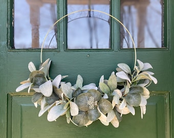 Modern Greenery Hoop Wreath, Industrial Farmhouse Minimalist Wall or Door Decor, Everyday Lambs Ear Eucalyptus Wreath, Gold Metal Hoop