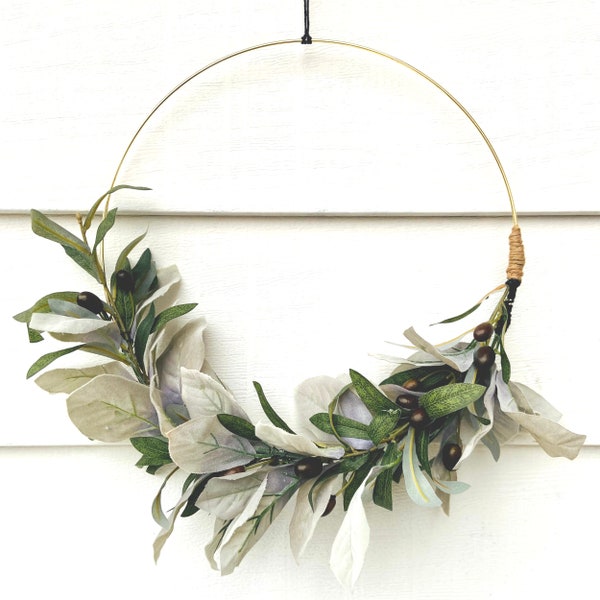 Modern Olive Branch Hoop Wreath for Front Door, Minimalist Wall Hanging, Neutral Earth Tone Everyday Wreath, New House Gift