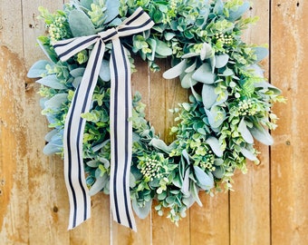 Lamb's Ear Eucalyptus Wreath, Everyday Farmhouse or Cottage Style Greenery Wreath, Simple Neutral Wall Hanging, Black and White Striped Bow